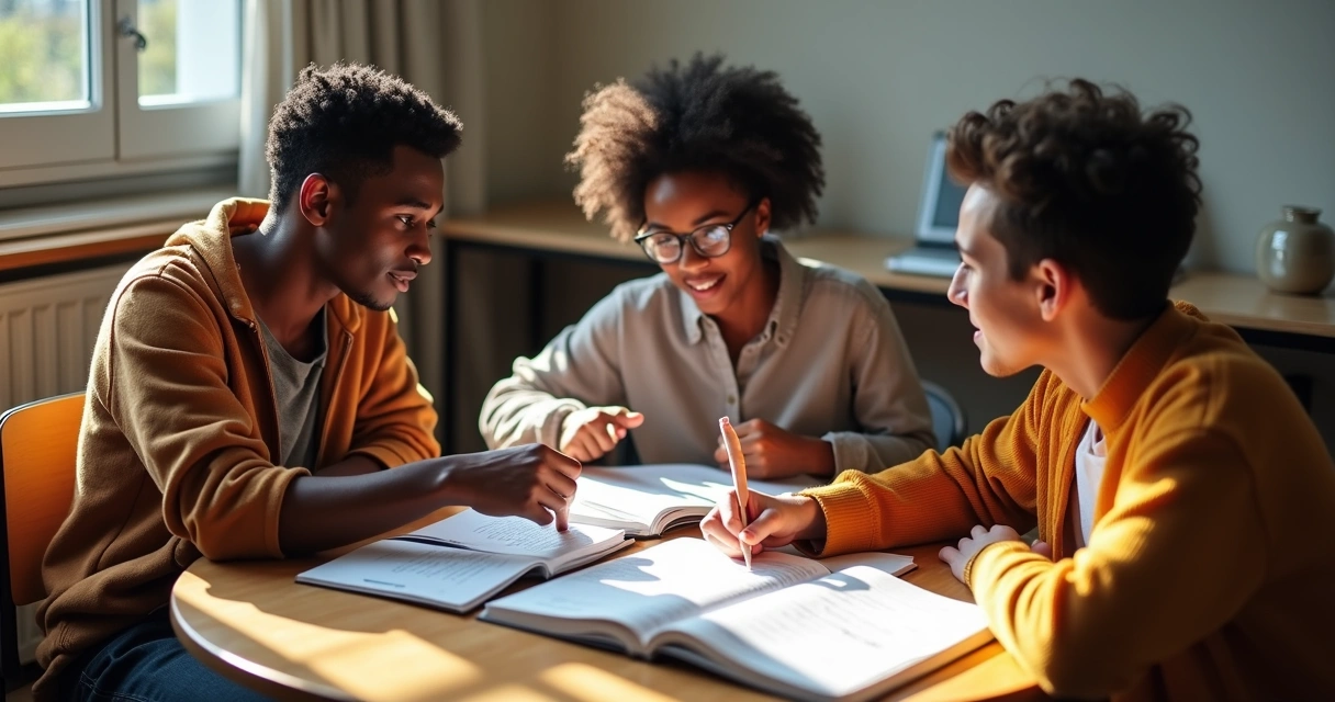 Grupo de estudantes discutindo dúvidas em uma mesa redonda 