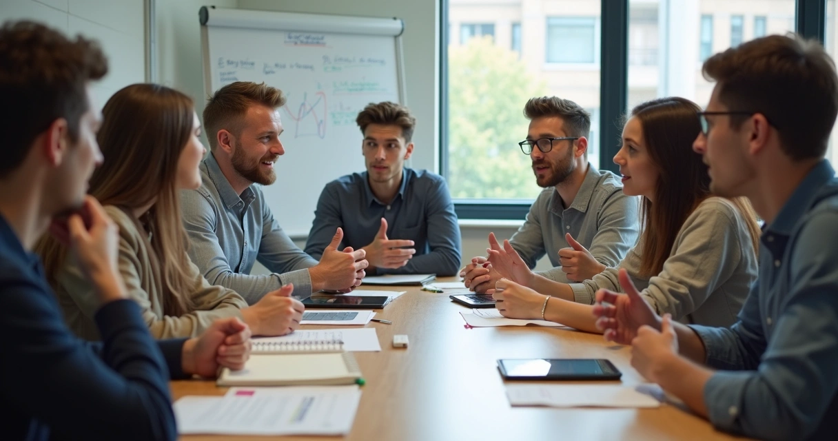 Grupo de estudantes universitários discutindo em sala de aula
