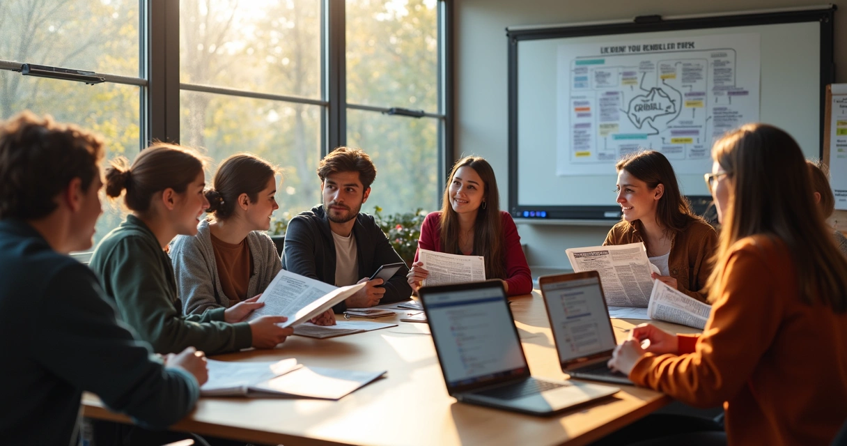 Grupo de estudantes debatem atualidades em sala de aula