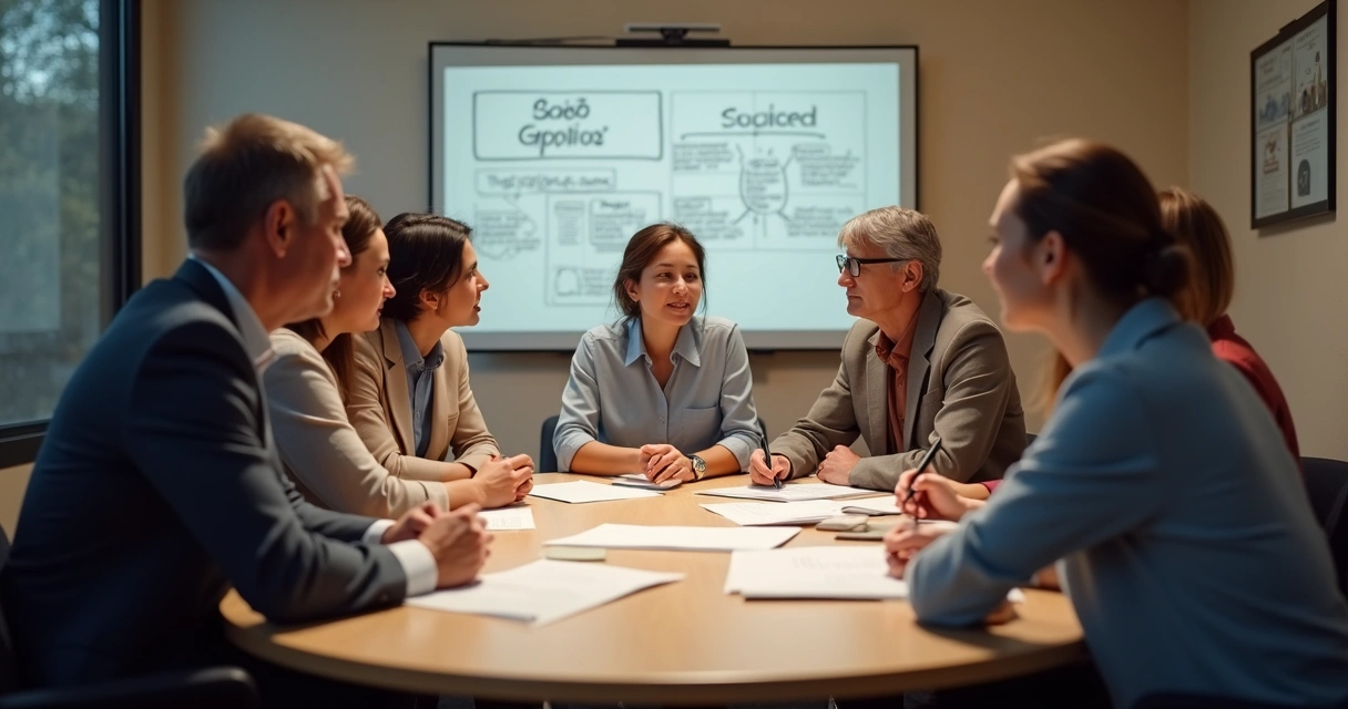 Membros de grupo discutindo questões éticas em torno de uma mesa, analisando juntos documentos, com clima de respeito e escuta 