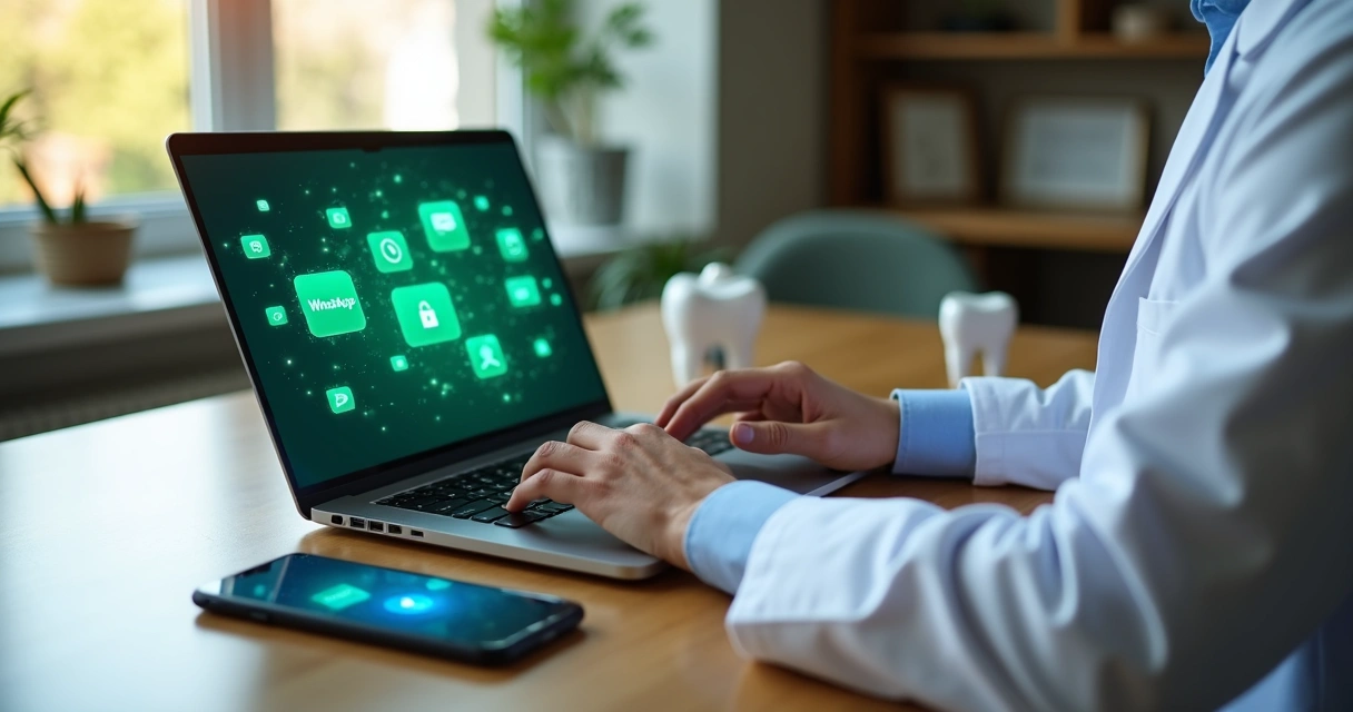 Dentista administrando grupo exclusivo de pacientes em notebook com celular ao lado 