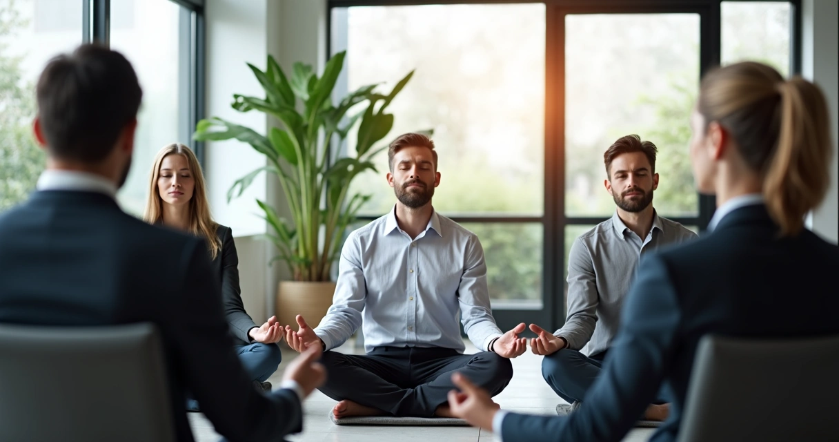 Equipe de executivos reunida, todos praticando meditação em ambiente corporativo 