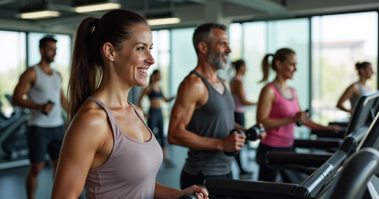 Pessoas de diferentes idades fazendo musculação e exercícios aeróbicos em uma academia, ao fundo equipamentos modernos e ambiente claro