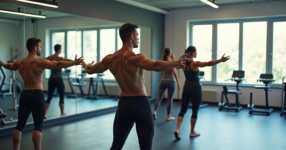Grupo de pessoas realizando Superman em academia, com instrutor orientando 