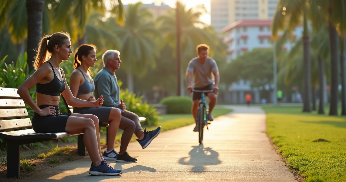 Adultos fazendo exercícios para as pernas em parque de Belém ao amanhecer 
