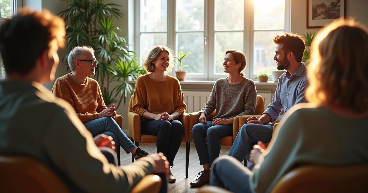 Pessoas sentadas em roda compartilhando sentimentos 