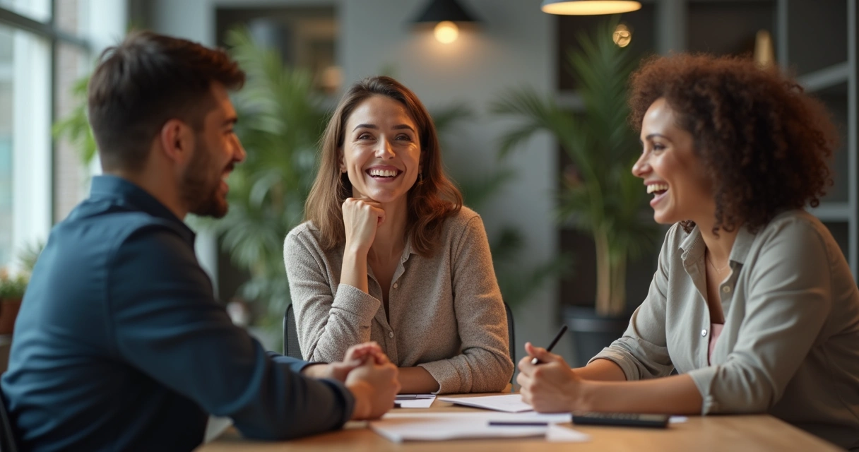 Equipe de trabalho expressando emoções, pessoas conversando com rostos abertos 