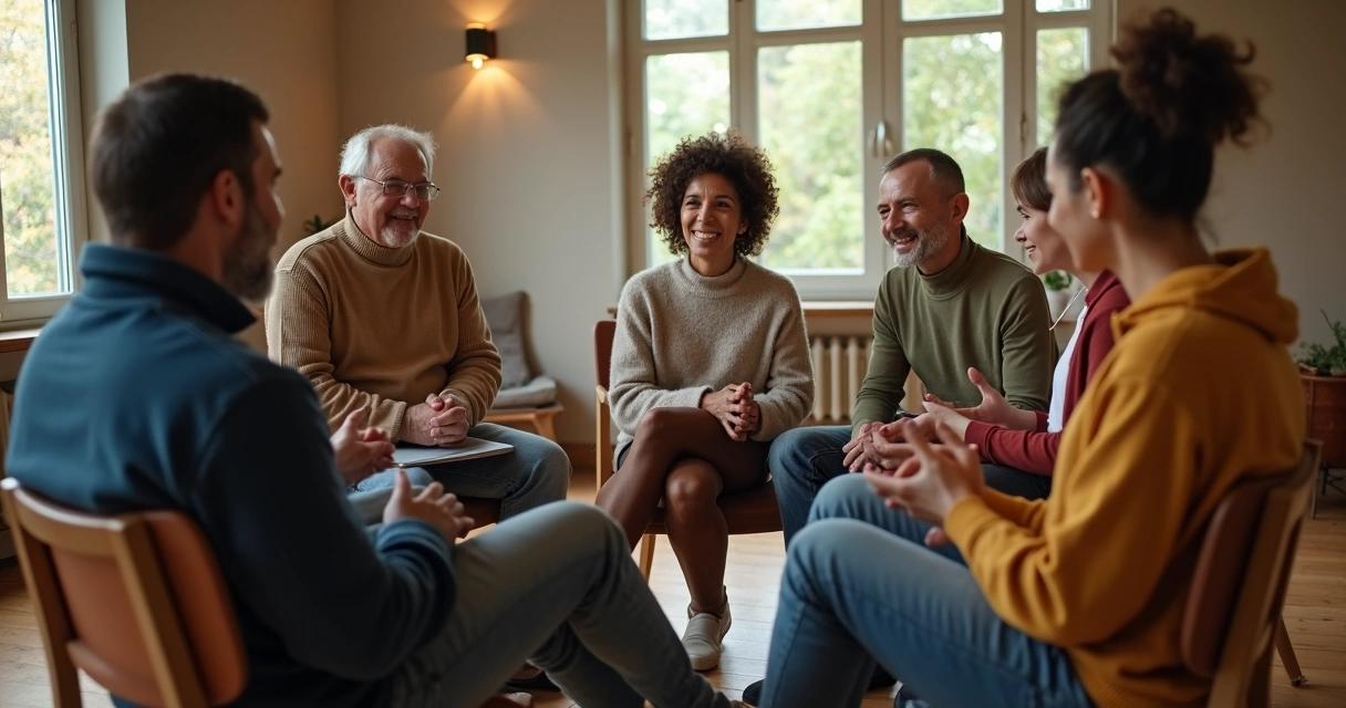 Grupo sentado em círculo compartilhando experiências 