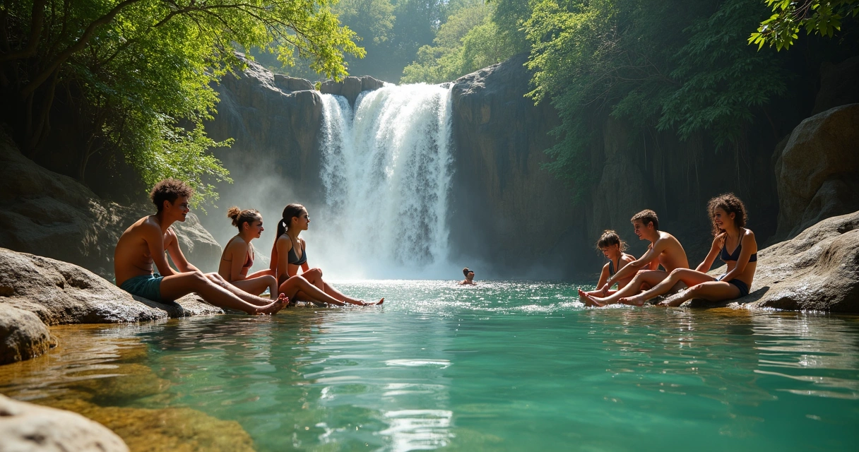 Família e grupo de amigos sorrindo e relaxando perto de poço de cachoeira 