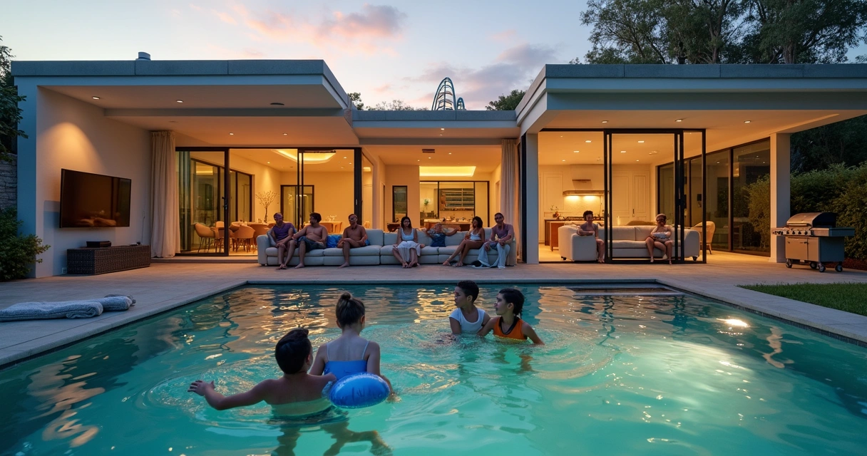 Grupo de amigos e família relaxando em casa com piscina perto da Disney 