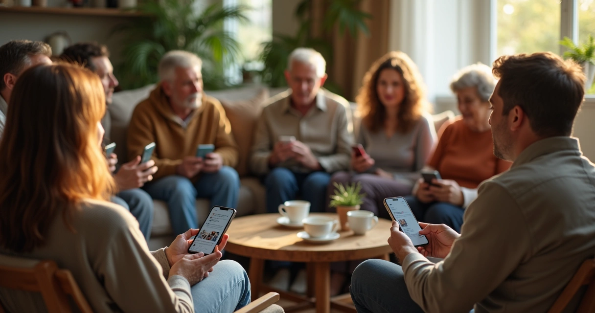Família reunida com celulares e conversa respeitosa