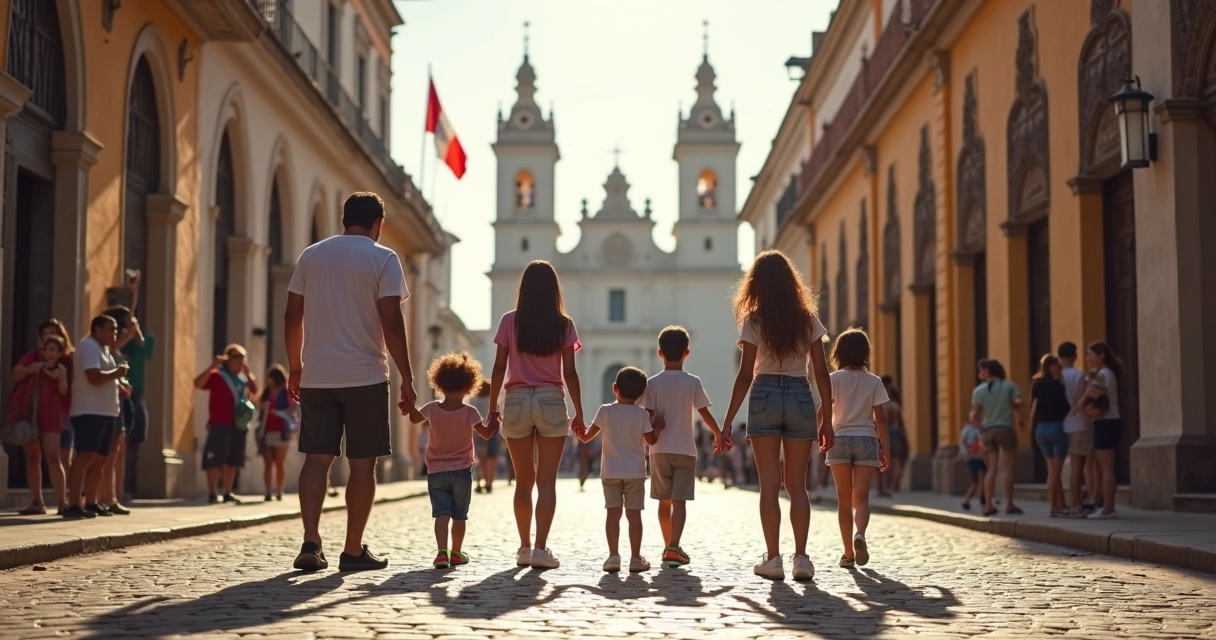 Família visitando centro histórico de Lima com crianças observando arquitetura colonial