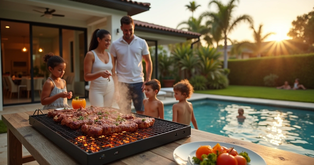 Família brasileira fazendo churrasco no quintal de casa em Orlando
