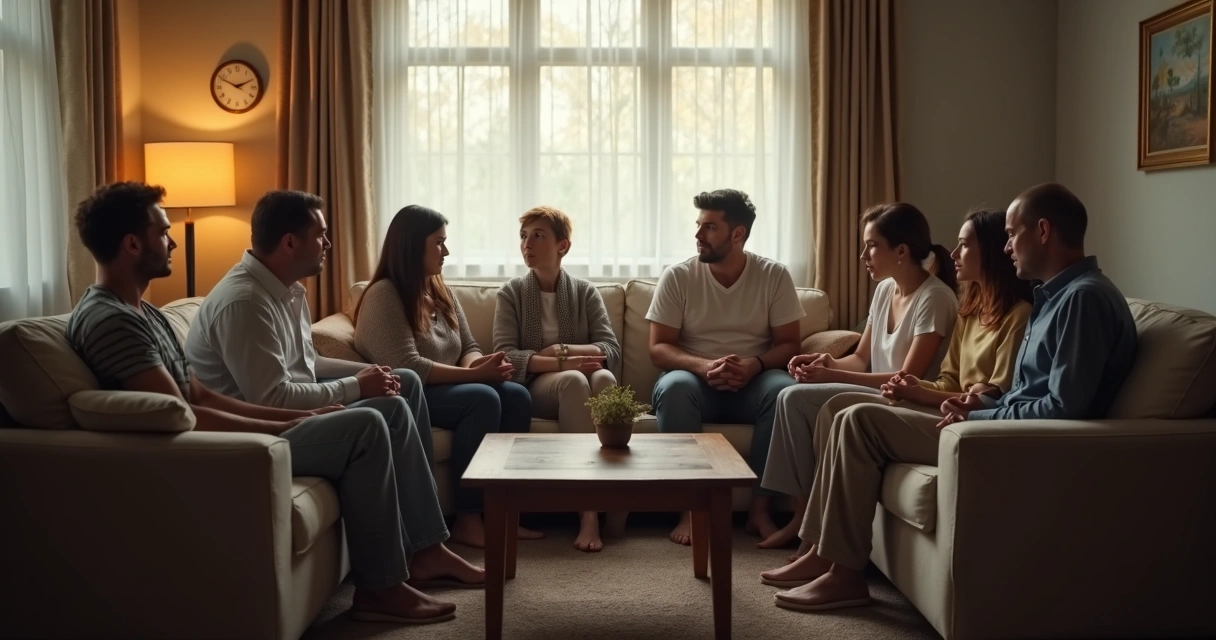 Familia sentada en círculo dialogando, algunos integrantes evitando la mirada, ambiente tenso 