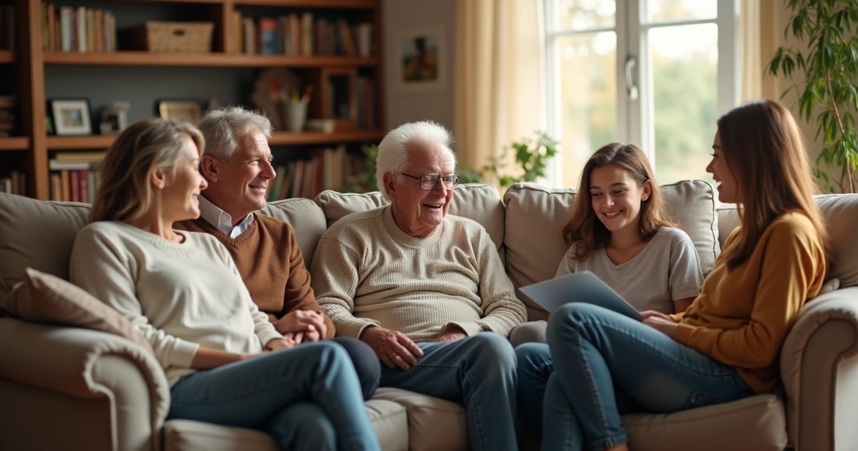 Tres generaciones de una familia dialogando sentados en casa 