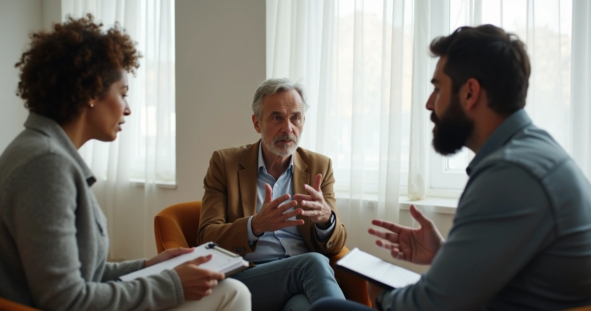 Três pessoas sentadas em círculo conversando em uma sala iluminada 