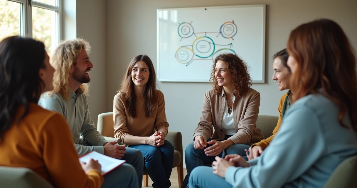 Grupo diverso em círculo trocando feedback em ambiente acolhedor 