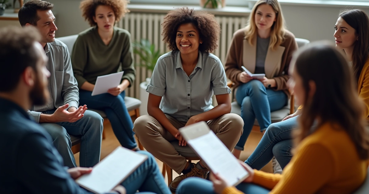 Grupo de personas sentados compartiendo opiniones en un círculo 
