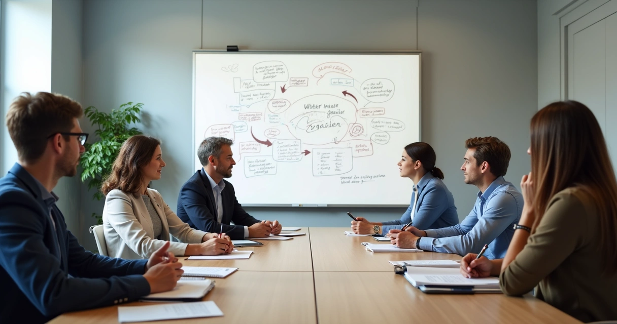 Grupo em reunião observando anotações em quadro