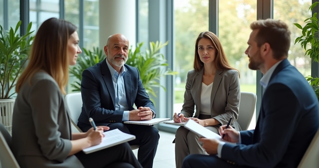 Quatro pessoas sentadas em círculo em uma sala iluminada trocando feedback durante reunião 