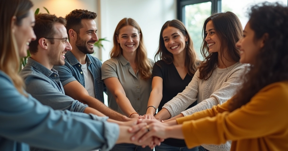 Equipe reunida de pé em círculo, sorrindo, com mãos unidas ao centro. 