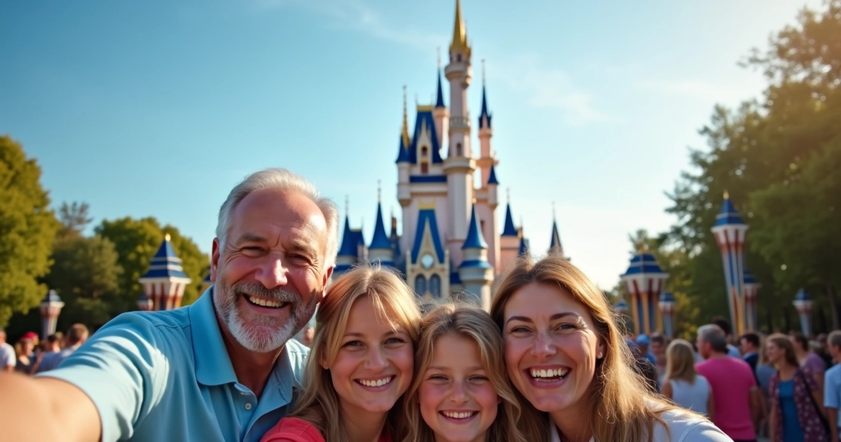 Família sorrindo em frente ao castelo do Magic Kingdom 