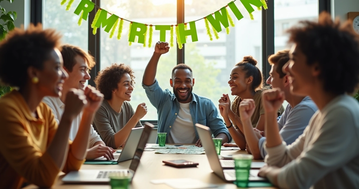 Grupo diverso de pessoas comemorando premiação de loteria sentadas ao redor de mesa 
