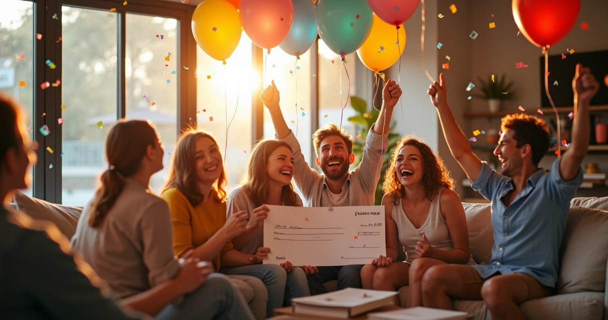 Grupo animado comemorando vitória na Quina em ambiente moderno. 