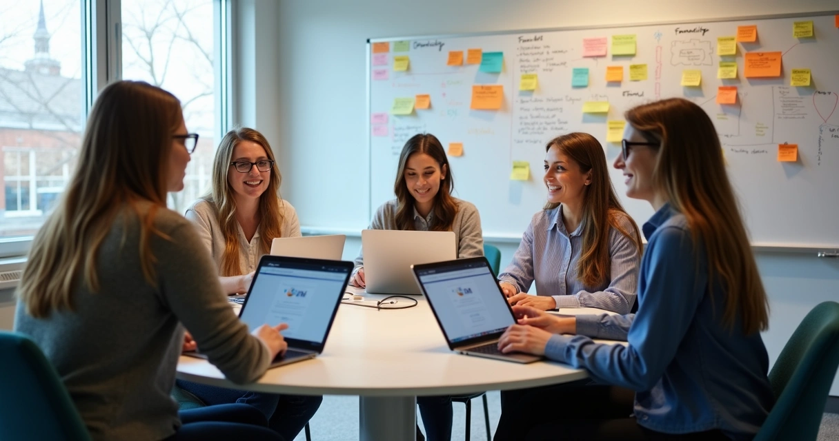 Grupo de pessoas discutindo produtos digitais em ambiente de reunião