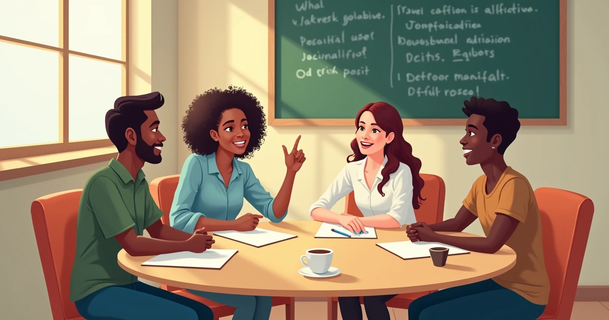Grupo diverso em uma conversa em grupo, com anotações e um quadro ao fundo, criando um ambiente colaborativo.