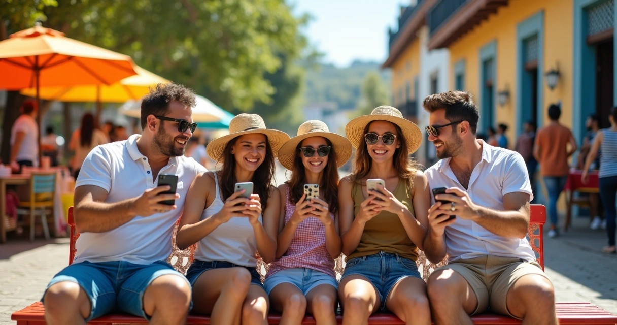 Grupo tirando fotos juntos com celular em viagem no Brasil 