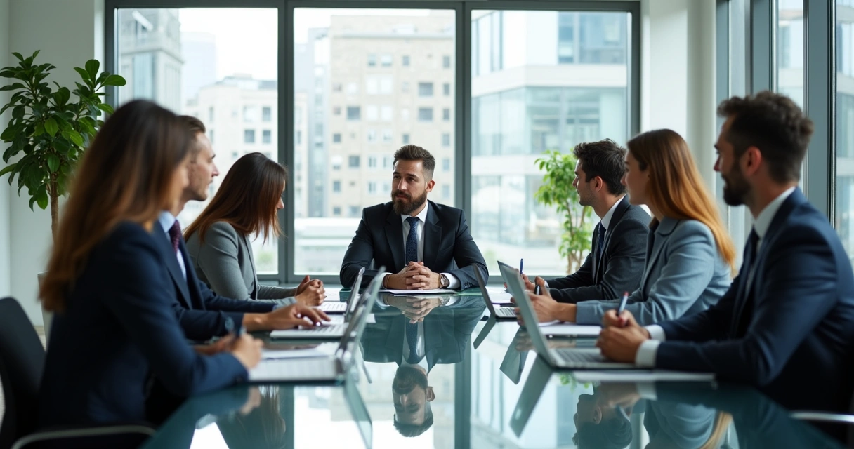 Gestores entrevistando um candidato em sala de reunião 