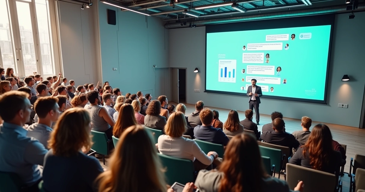 Grande grupo participando ativamente em auditório moderno com painel de mensagens digitais 