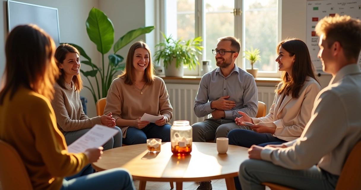 Pessoas em círculo praticando gratidão em ambiente de trabalho acolhedor 