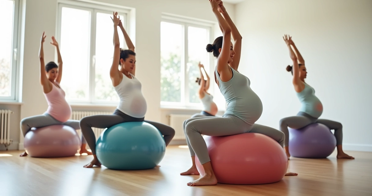 Grupo de gestantes praticando pilates com bolas em sala arejada 