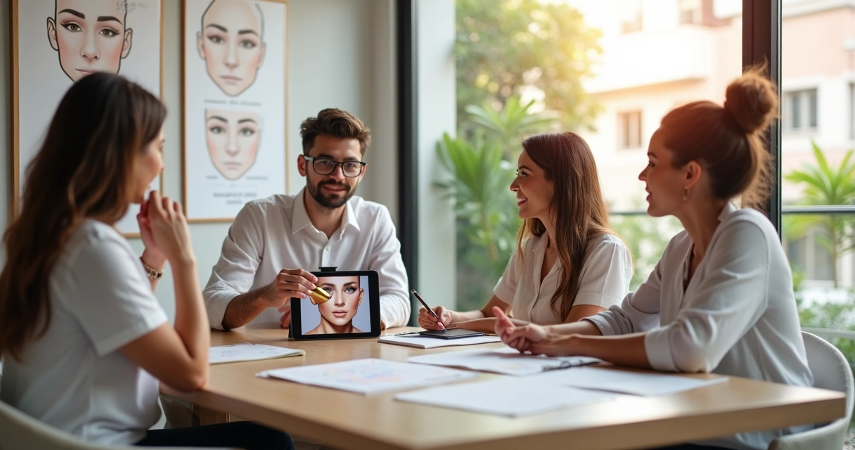 Grupo diverso comparando opções de harmonização facial em ambiente moderno 