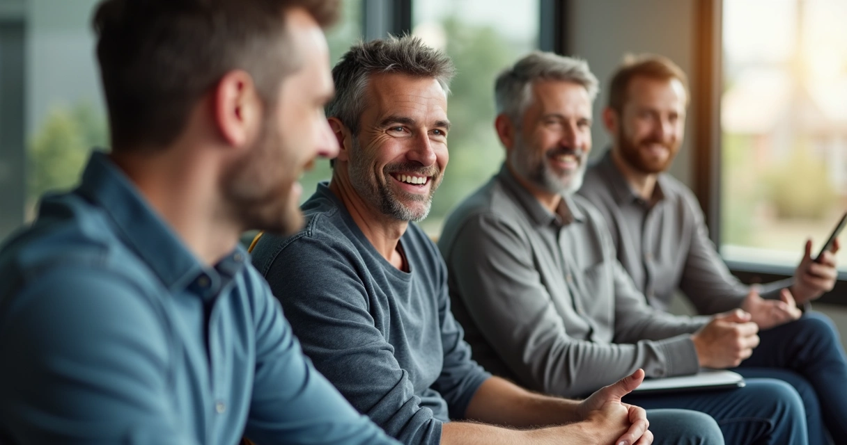 Grupo de homens conversando em reunião de apoio 