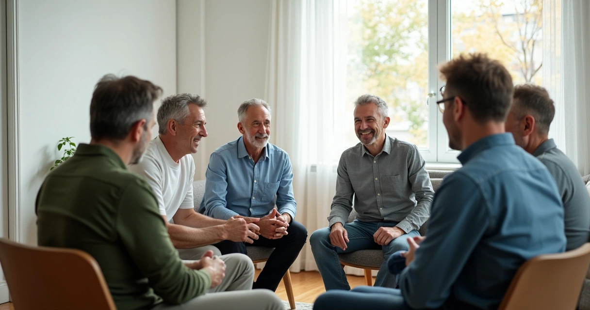 Grupo de homens sentados em círculo conversando 