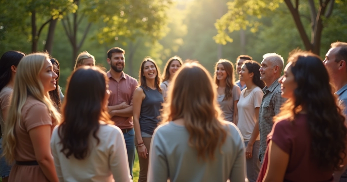 Grupo de pessoas reunidas em círculo em ambiente natural 