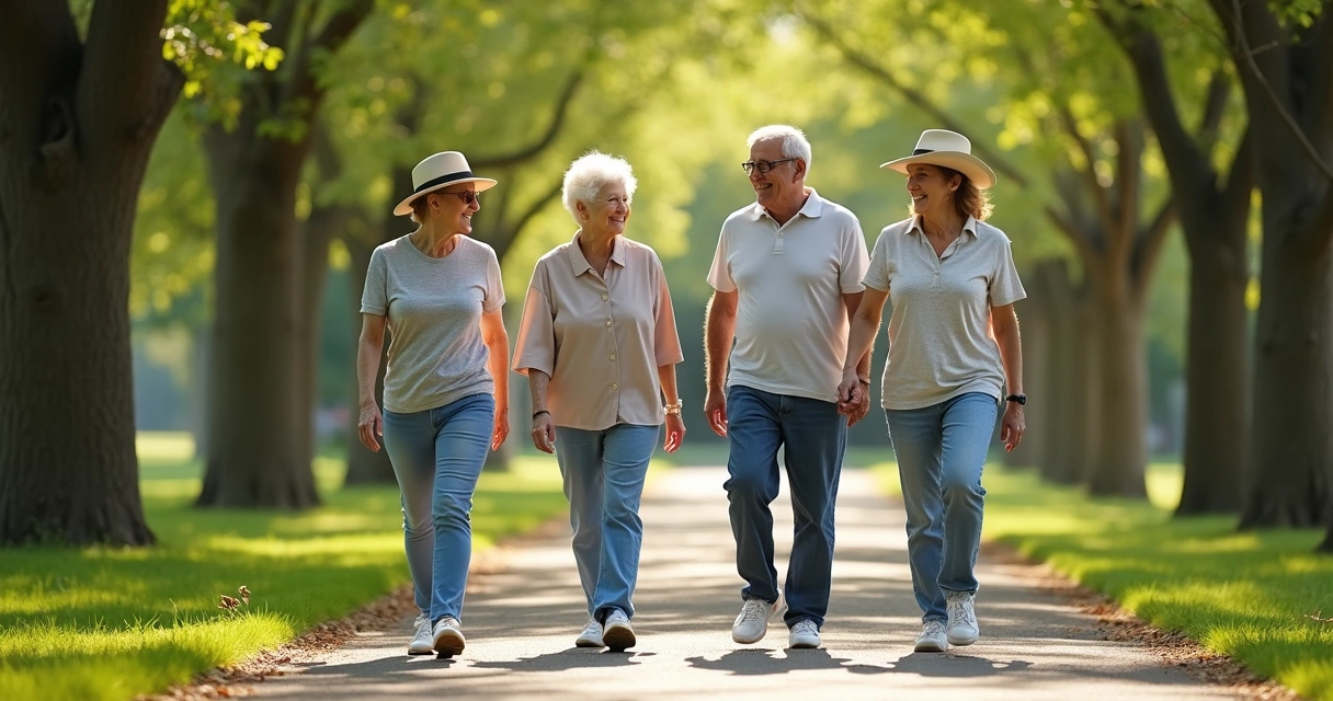 Grupo de idosos caminhando juntos em parque verde 