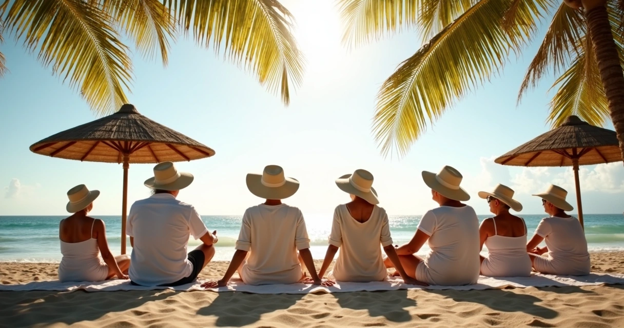 Idosos usando chapéu e roupas leves aproveitando praia sombreada 