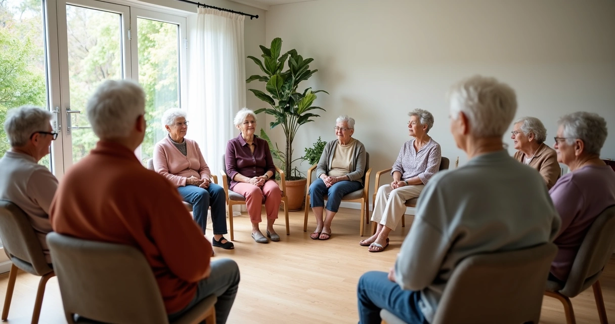 Grupo de pessoas idosas em prática de mindfulness sentadas em círculo