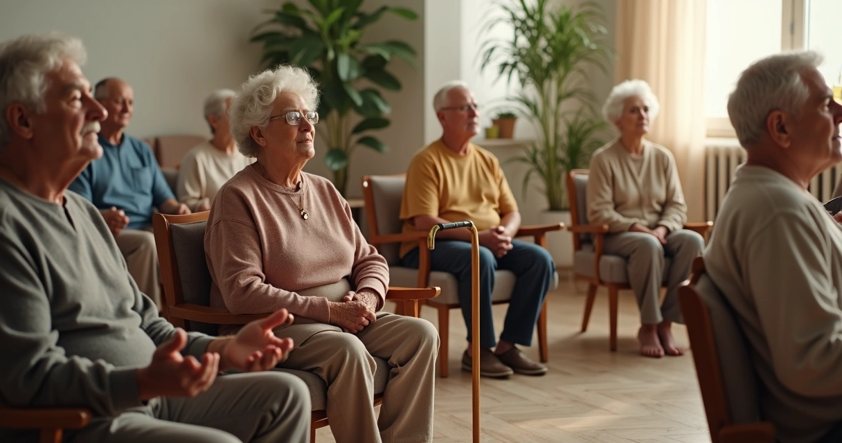 Grupo de idosos sentados em círculo praticando meditação juntos