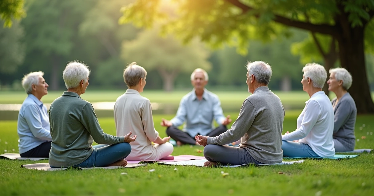 Grupo de idosos praticando meditação ao ar livre 