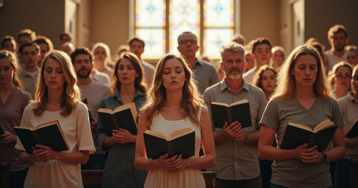 Grupo diverso adorando em igreja, várias idades 