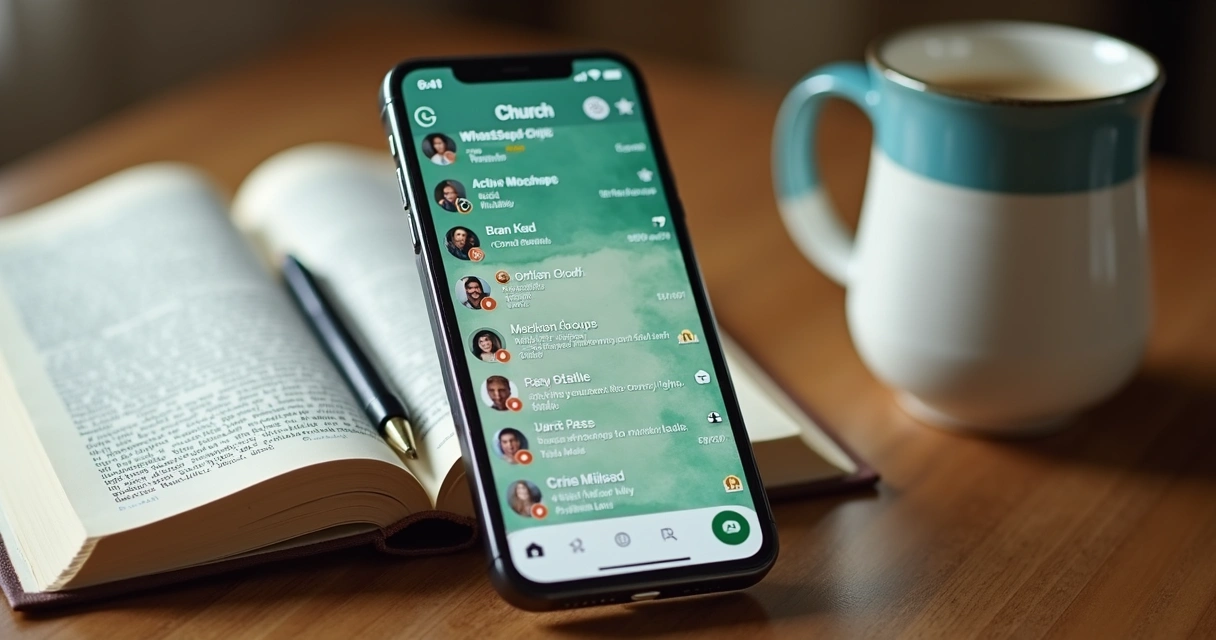 Smartphone mostrando grupo de igreja no WhatsApp com participantes ativos