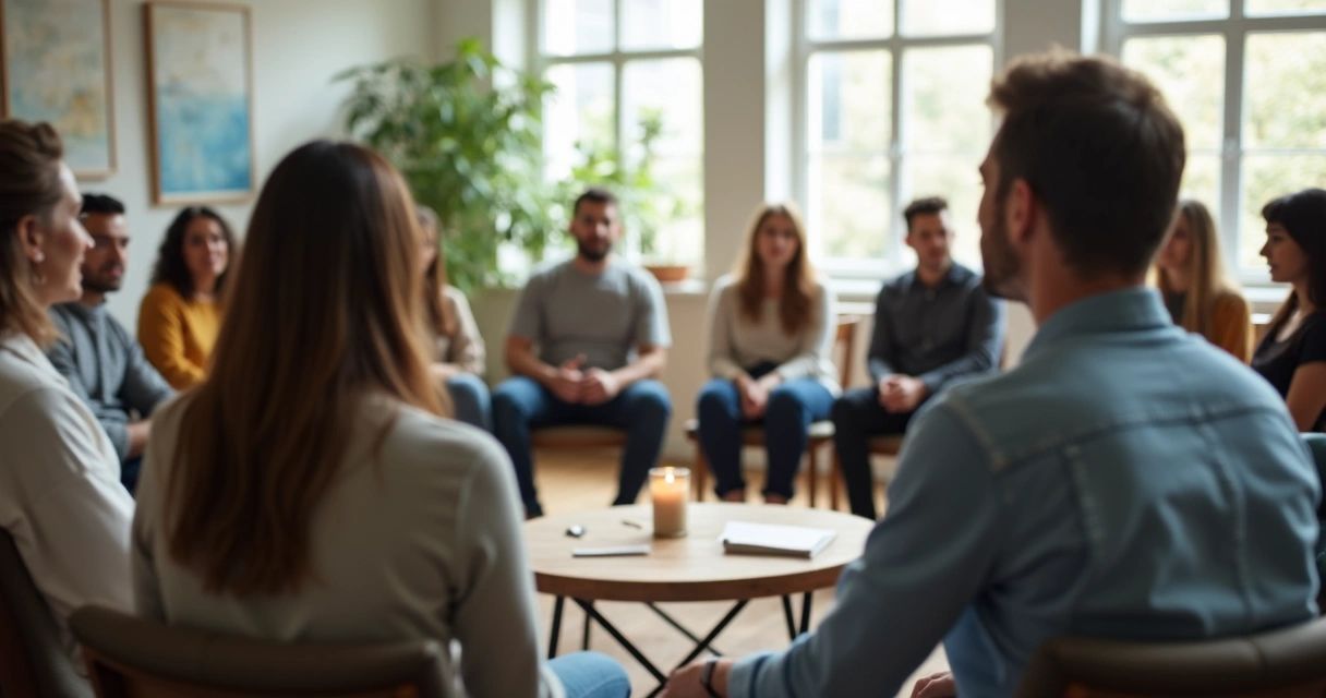 Grupo diverso em círculo refletindo sobre propósito de vida 