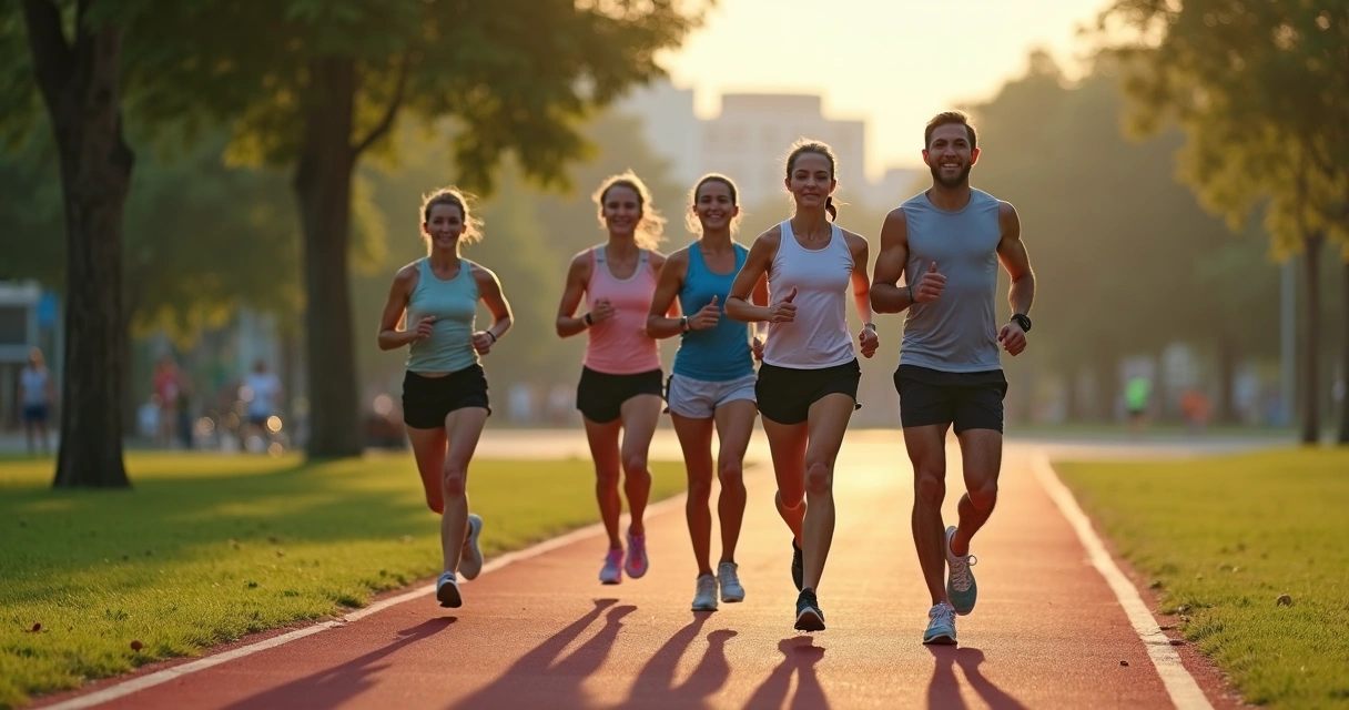 Grupo de corredores iniciantes em ritmo leve em pista de parque arborizado 