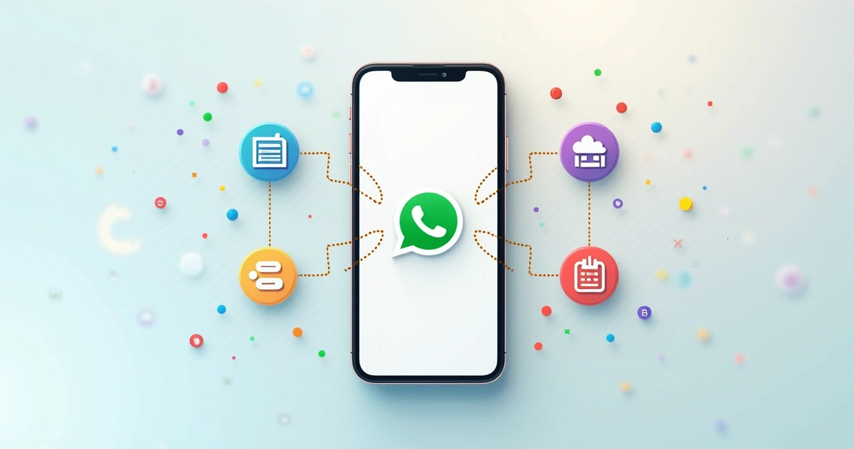 Ilustrações mostrando grupo do WhatsApp conectado a diferentes plataformas digitais 