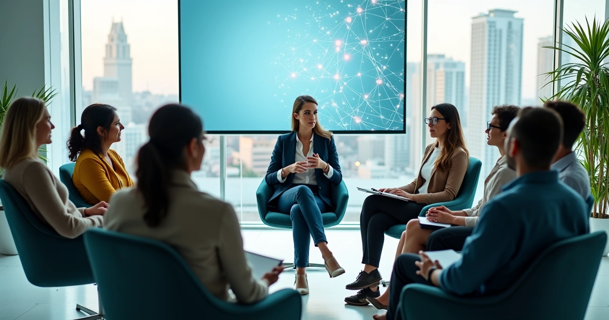Equipe diversa em roda de conversa praticando inteligência emocional no trabalho 